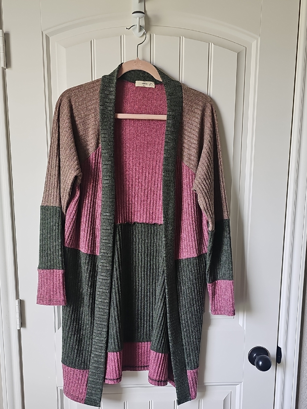 entro Mauve, Tan & Olive Colorblock Ribbed Open Cardigan